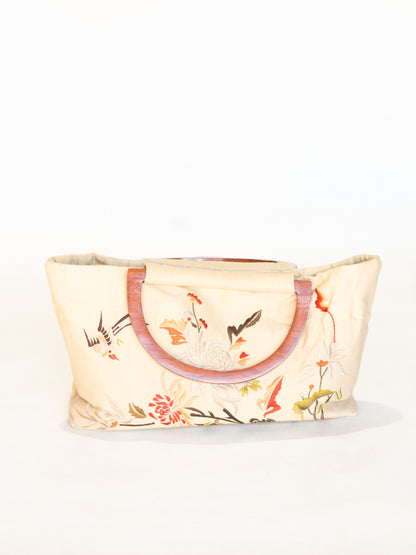 MONYA Beige Fabric Embroidered Floral Bag w/ Wooden Handles