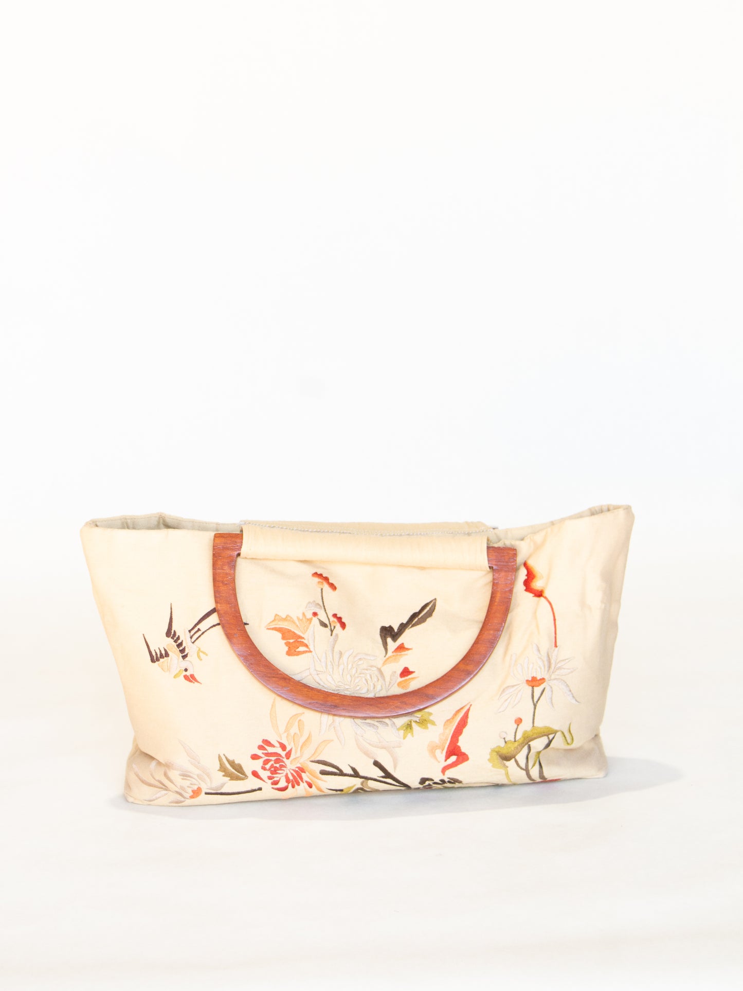 MONYA Beige Fabric Embroidered Floral Bag w/ Wooden Handles