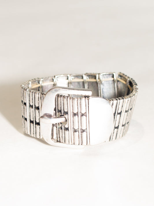 Vintage Chunky Elastic Silver Belt Buckle Bracelet