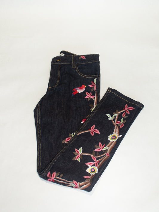 Alice + Olivia Embroidered Floral Skinny Straight Leg Jeans (Dark Wash) Size 28