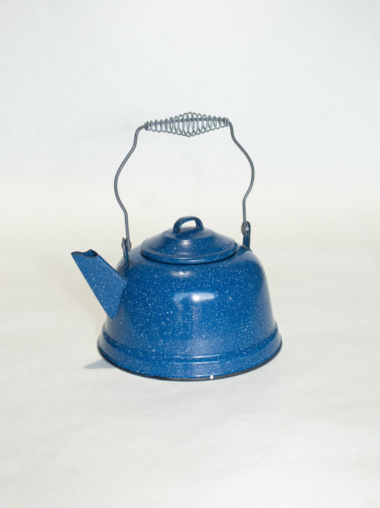 Vintage Classic Blue Speckled Rustic Enamelware Tea Kettle w/ Metal Wire