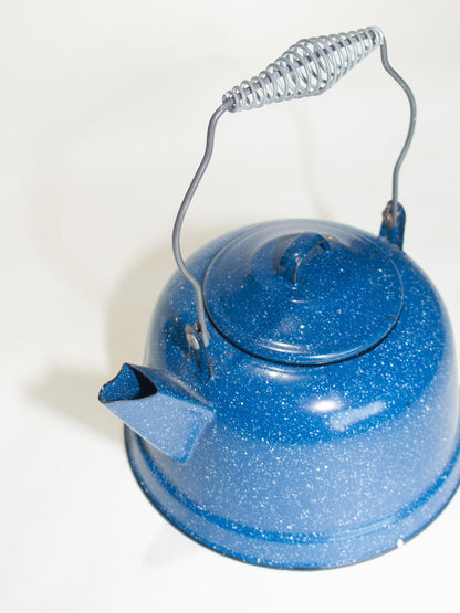 Vintage Classic Blue Speckled Rustic Enamelware Tea Kettle w/ Metal Wire