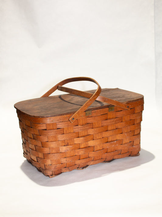 Vintage 1950’s Antique Woven Splint Hinged Lid Picnic Basket