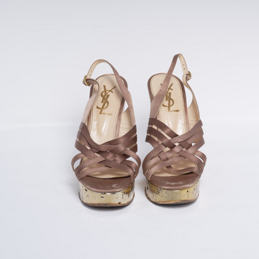 Yves Saint Laurent Vintage Gold Metallic & Satin Wedge Pump Hell