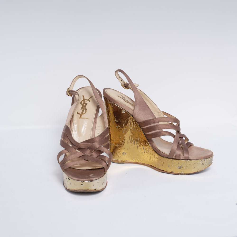 Yves Saint Laurent Vintage Gold Metallic & Satin Wedge Pump Hell